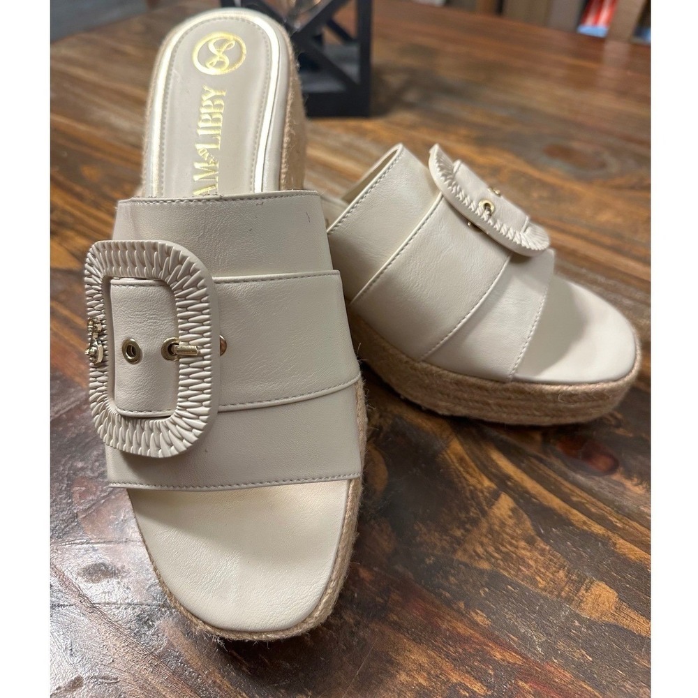 Cream Wedge Espadrille Slides SAM & Libby Crysta Sandals  Buckle Size 11 M Boho